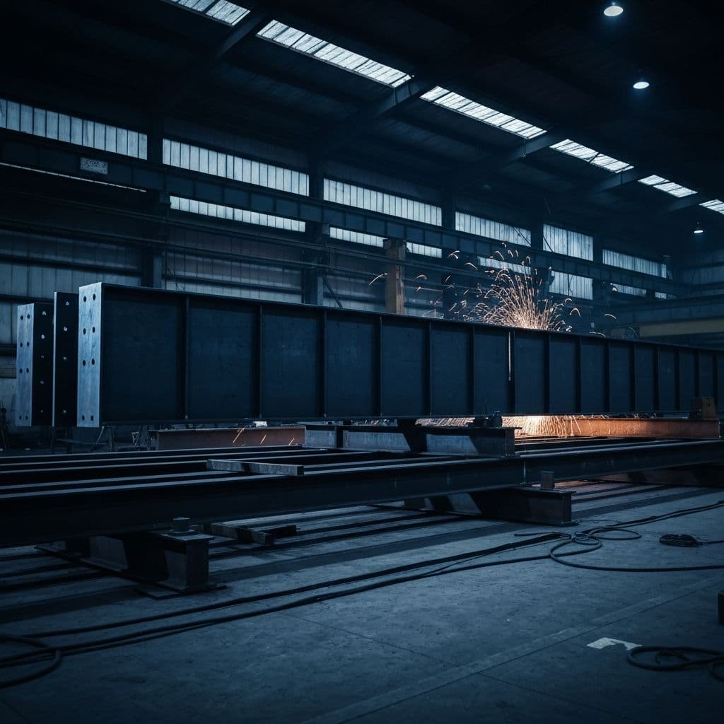 Steel fabrication workshop with dramatic lighting